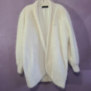 Vintage Lee Sands Angora Rabbit Cardigan Womens L Cream White Beaded Embroidered
